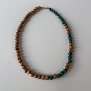 Green and Natural Wood Bead Strand Necklace 20” Chunky Boho Statement Jewelry